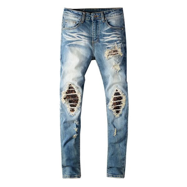 

new male fashions plied shreds jeans streetwear ripped holes stretch thin pants 2mwq, Blue