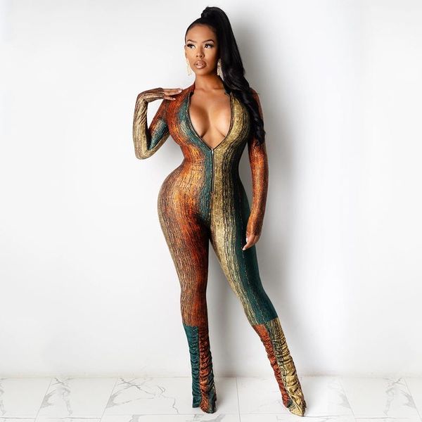 

women's jumpsuits & rompers club womens jumpsuit fall long sleeve bodycon bandage stacked pants skinny print for women 2021, Black;white