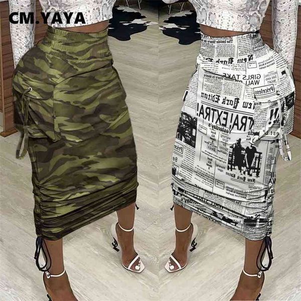 

cm.yaya elastic high waist pockeets shirrint mid calf women skirts print camouflage spaper sheath skirt female summer 210629, Black