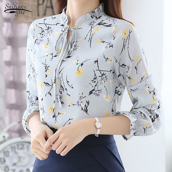 

blusas spring new fashion chiffon women blouse shirt long sleeve casual blouse slim women clothing print ladies shirt 210225, White
