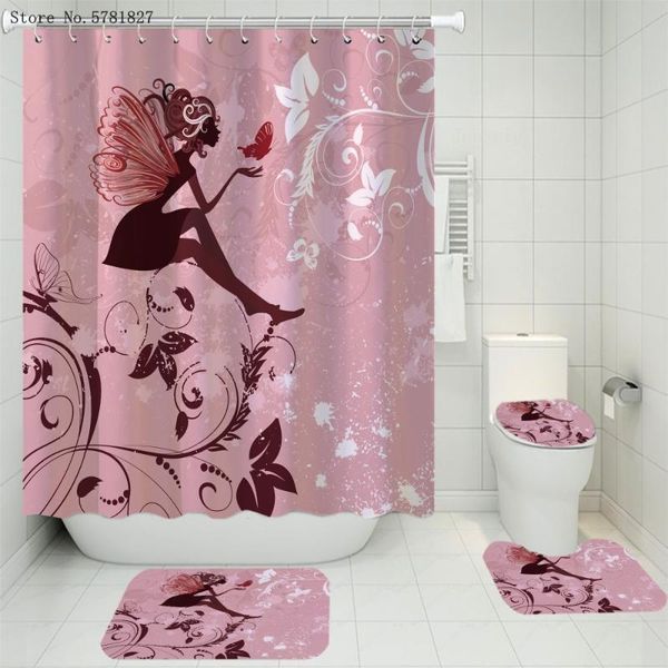 

3/4 pieces beautiful woman bathroom curtain set carpet cover toilet cover bath mat pad set butterfly lady shower curtain