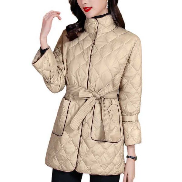 

2021 korean waist closing lace up medium long light down cotton et women's, Black