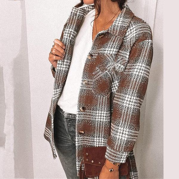 

women's jackets 2021 autumn shirt jacket fashion plaid print lapel long coat casual single-breasted winter, Black;brown