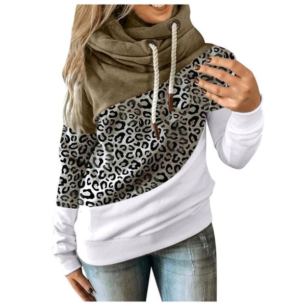 

leopard elegant women's blusas long lantern sleeve stripe patchwork casual colorblock stitching hooded sweatshirt, Black