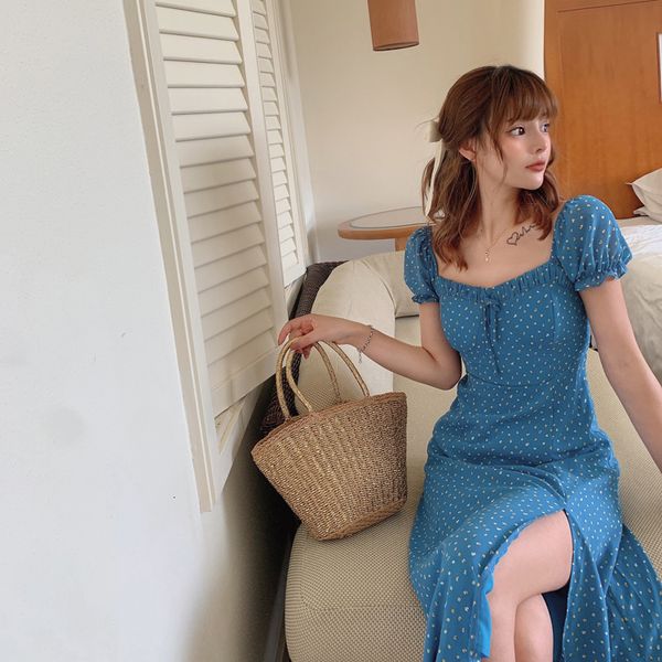 

summer vacation french retro in floral blue slimming slit chicffon short maxi dress korean kawaii fashion 9p05, Black;gray
