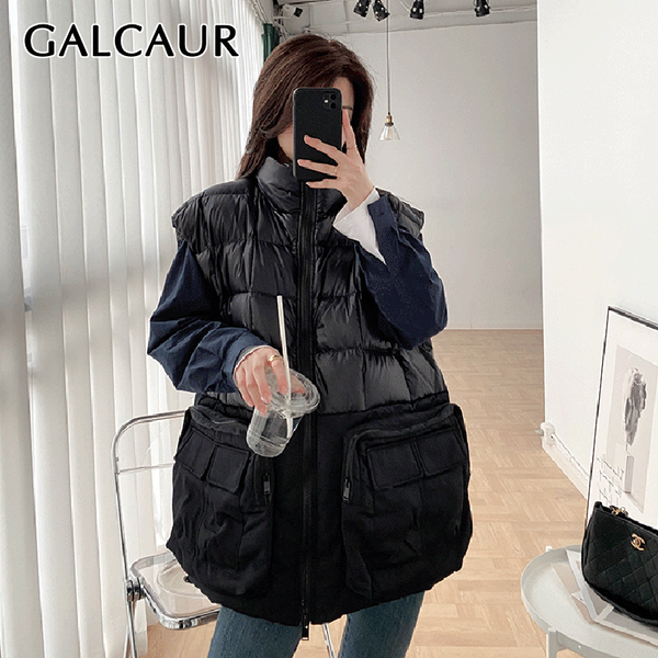 

women's vests galcaur oversized vest for women stand collar sleeveless patchwork pockets hit color loose high street coats female 2021, Black;white