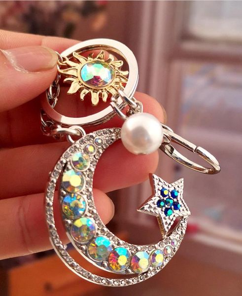 

keychains 2021 romantic moon star creative metal key chain fashion men's and women's charm bag automatic pendant gift ring, Silver