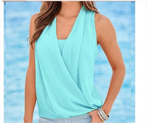 

summer solid color v neck chiffon stitching knitted vest strapless tank shirt femme european and american style, White