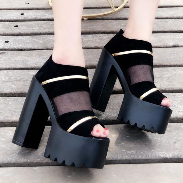 

dress shoes 6 inches peep toe pumps coarse heel stripper models party fashion show nightclub mature platform elegant concise style, Black