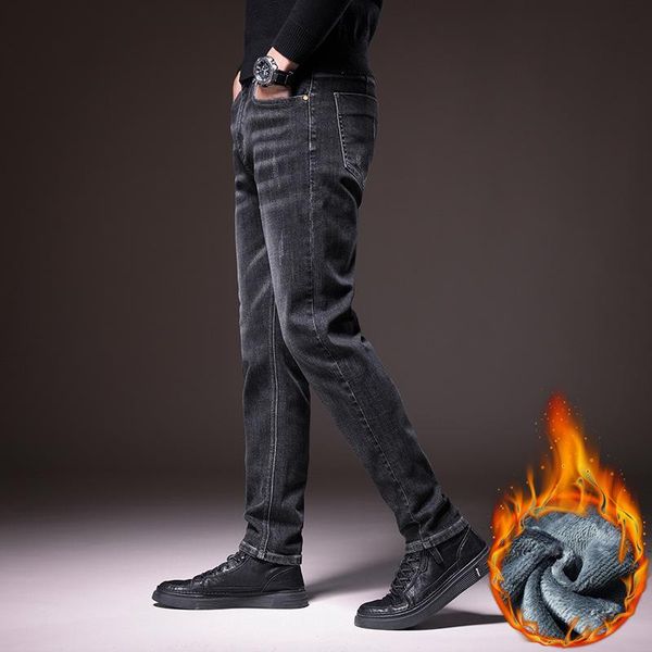 

men's jeans 2021 brand autumn winter warm flocking soft men activities fleece boyfriend, Blue