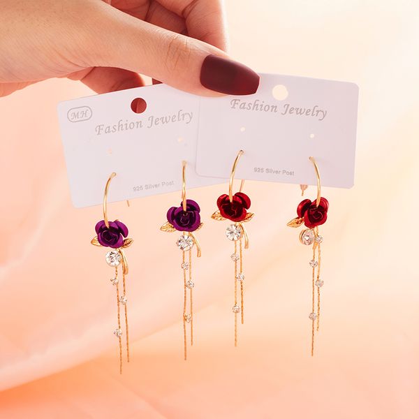

dangle & chandelier stylish rose flower drop long hanging earrings for women elegant tassel earring bride fashion wedding party jewelry gift, Silver
