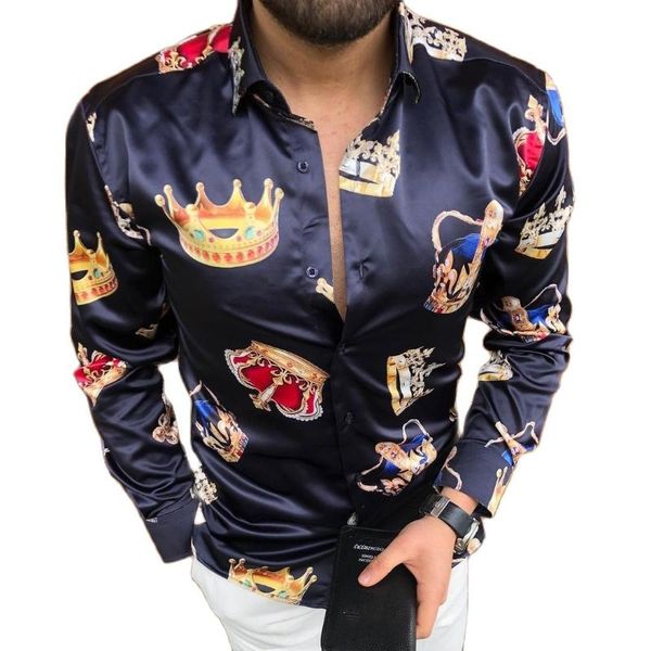 

men's casual shirts 2021 fashion crown printing shirt slim fit summer long sleeve male turn-down collar clothing, White;black