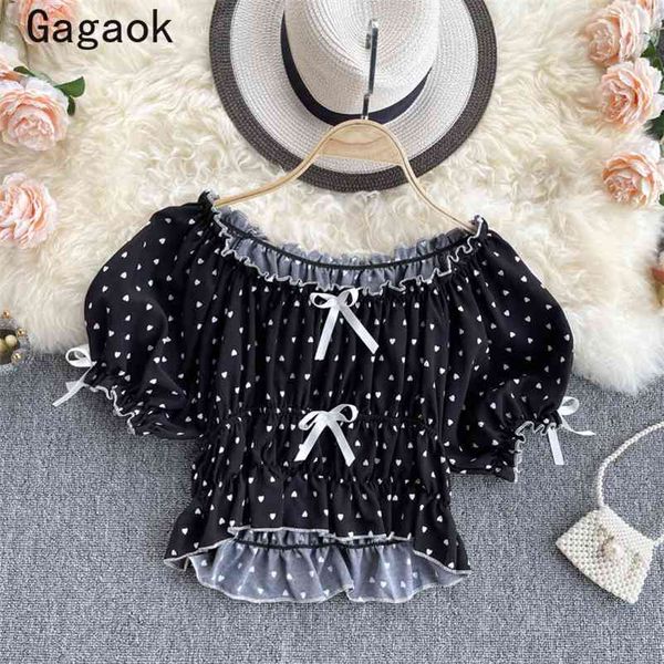 

blouse women summer sweet polka dot o-neck puff sleeve short slim shirts korean chic fashion ladies wild blouses 210531, White