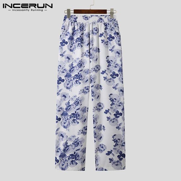 

men's pants incerun 2021 men casual streetwear baggy flower printed elastic waist joggers wide leg trousers pantalones hombre s-5xl, Black