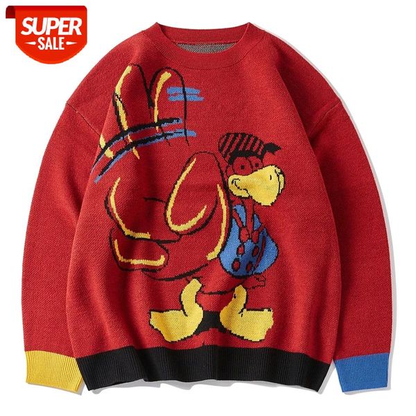 

hip hop hand drawn duck print knitted sweater men women 2021 cotton harajuku sweater oversized streetwear loose pullover unsiex #693v, White;black