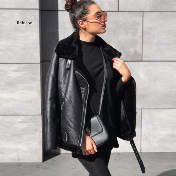 

women's leather & faux warm winter motorcycle velvet jacket female short lapels fur thick plus women 2021 bomber, Black