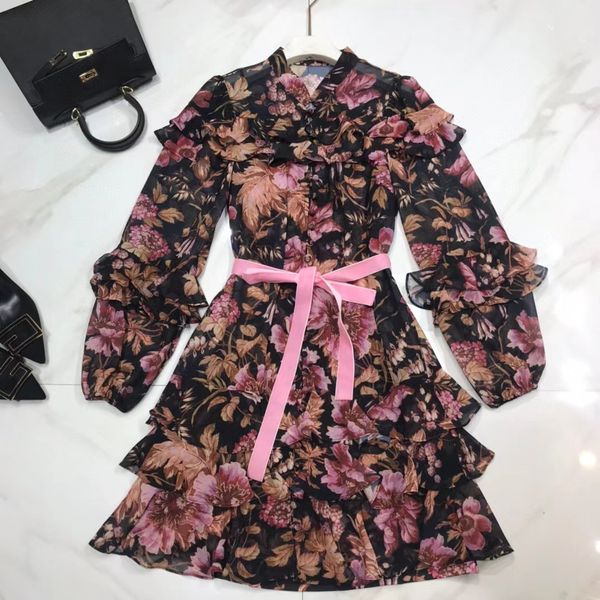 

222 xl 2021 runway dress spring summer long sleeve crew neck dress fashion flora print dress womens clothes weilan, Black