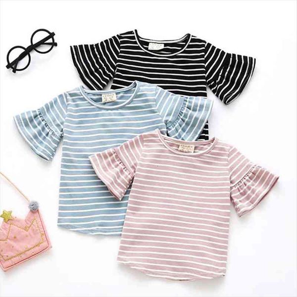 

butterfly sleeve casual t shirt striped o neck summer girl kids children clothes tee shirts cute toddler baby 0, Blue