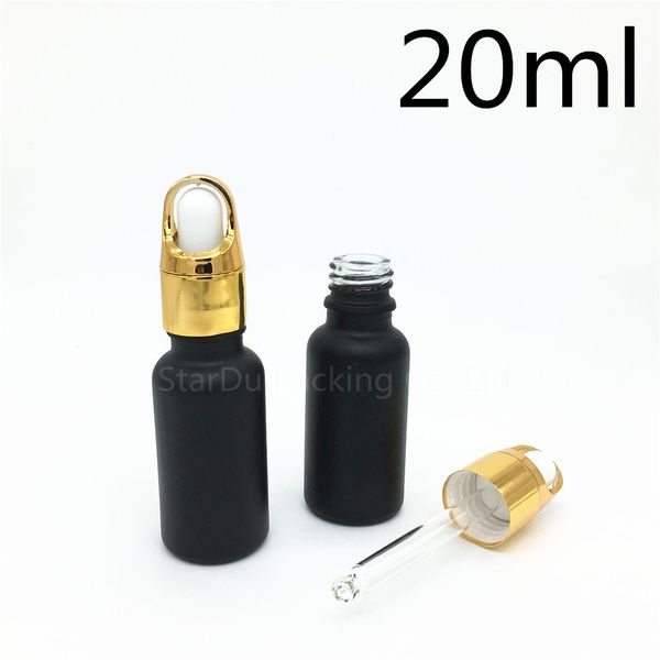 

12pcs 20ml black frosted glass essential oil bottle with gold flower basket ring dropper perfume
