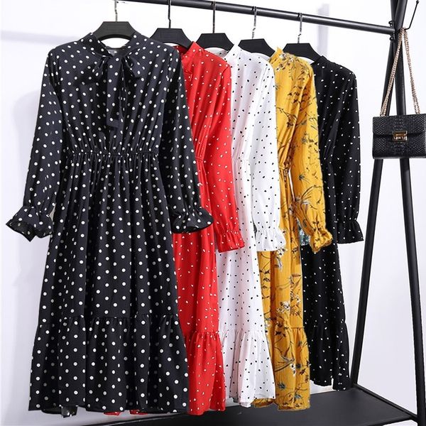 

women's autumn casual dresses black dot vintage floral printed chiffon shirt dress long sleeve bow midi vestidos plus size 210316, Black;gray