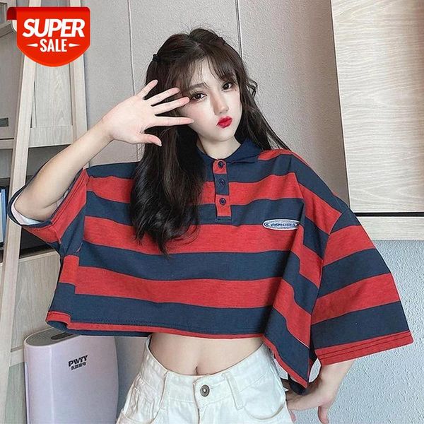 

japan striped t shirt short sleeve streetwear clothes women clothing 2020 korean summer new o-neck preppy tshirt #bc5v, White