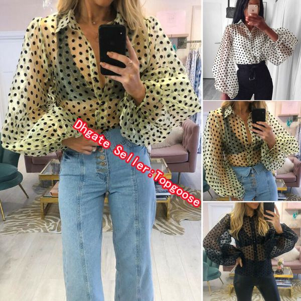 

fashion dots blouse women sheer polka dot organza blouse perspective puff sleeve blusas women shirts, White