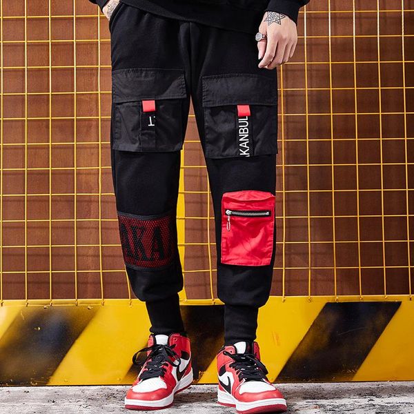 

men's pants hip hop, high street, baggy trousers multi pockets decorative tide pant trouser, Black
