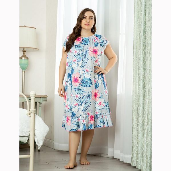 

women's sleepwear 2021 summer plus size home wear long pajamas for women large loose short sleeve floral print dress 4xl clothes, Black;red