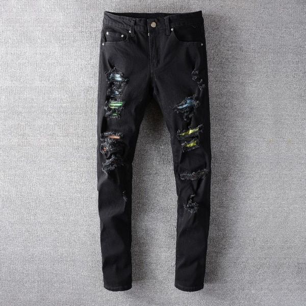 

men's jeans trendy crystal stitch color men 2022 ripped black stretch pants streetwear big size skinny pencil, Blue