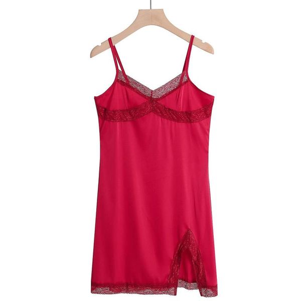 

women's sleepwear nightgown lingerie satin lace nightie sleeveless strap night dress v-neck backless underwear, Black;red