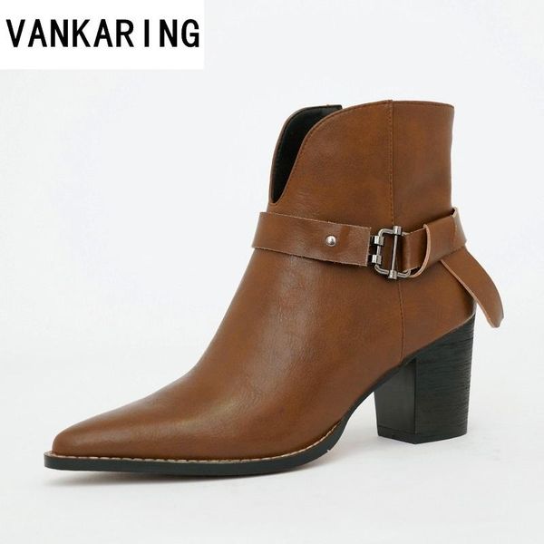 

boots retro style autumn winter ankle buckle genuine leather shoes woman black brown ladies women