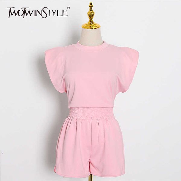 

twotwinstyle elegant women two piece set o neck sleeveless t-shirt high waist slim shorts casual suit female fashion clothes 201009, White