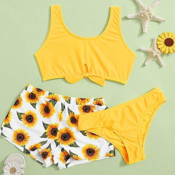 

women's swimwear sunflower print kids for girls summer cute crisscross floral three-piece swimsuit bathing suit, White;black
