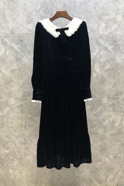 

womens high-grade bow lantern sleeve silk velvet dress autumn european goods french style dress 9g, Black;gray