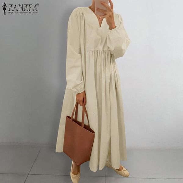 

casual dresses elegant autumn sundress zanzea women stylish full puff sleeve v-neck party long dress solid maxi vestidos plus size 5xl, Black;gray