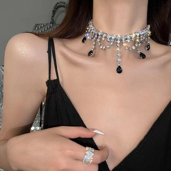 

chokers flash diamond crystal tassel necklace 2021 collar high-grade sense light luxury design clavicle chain women's line, Golden;silver