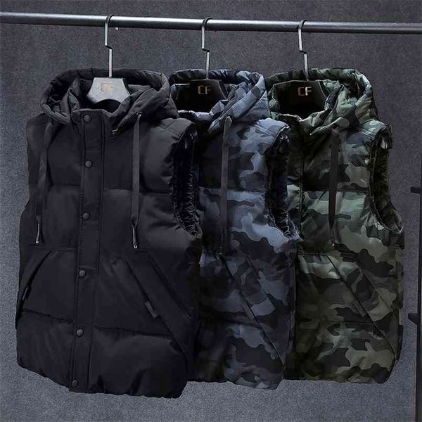 

mens winter vests men's sleeveless jacket thick camouflage vest casual hooded waistcoat male warm outwear plus size 7xl 210923, Black;white