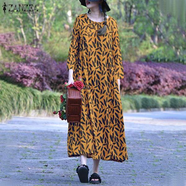 

2021 new zanzea women midi spring vintage floral printed sun robe femme es casual o neck 3/4 sleeve loose kaftan vestidos 73va, Black;gray