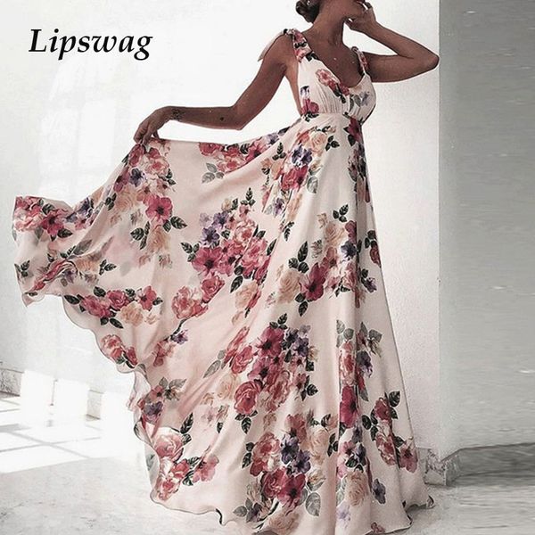 

elegant women floral print sleeveless maxi dress deep v backless lady party beach dress summer tie-up bow straps long dresshigh quality, Black;gray