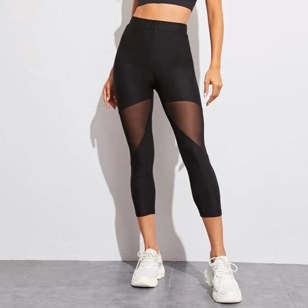 

women's leggings 40# women hollow out mesh splice tight fitness pants trousers cropped female plus size sport, Black
