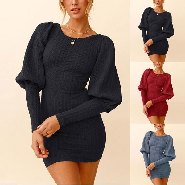 

casual dresses white knitting bodycon dress women winter 2021 long lantern sleeve party pleated ruched mini black grey red, Black;gray
