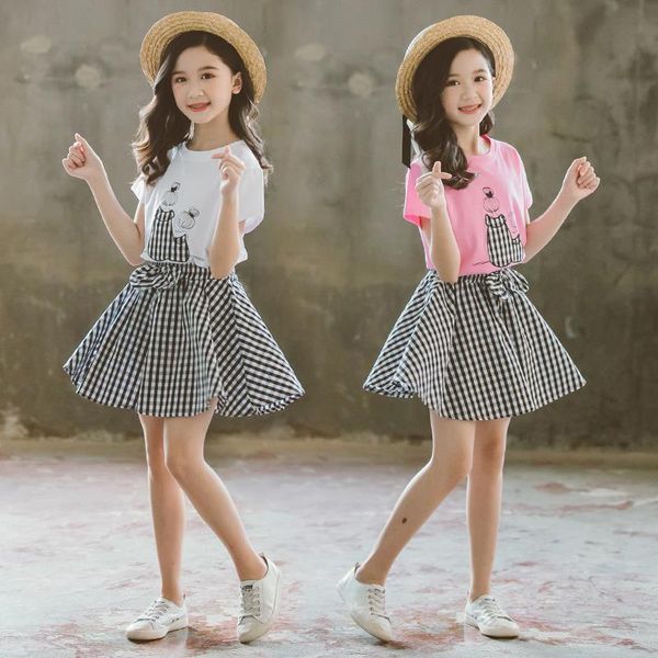 

clothing sets 2022 summer baby kids girls clothes children set outfits fashion toddler t-shirt + plaid shorts 3 4 5 6 7 8 9 10 11 12 years, White