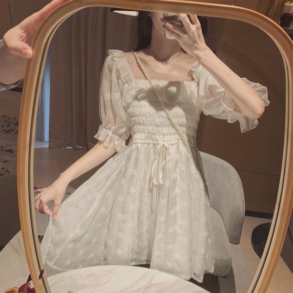 

french summer dress women white puff sleeve korean style fairy dress lace chiffon kawaii elegant vintage dress vestidos, Black;gray