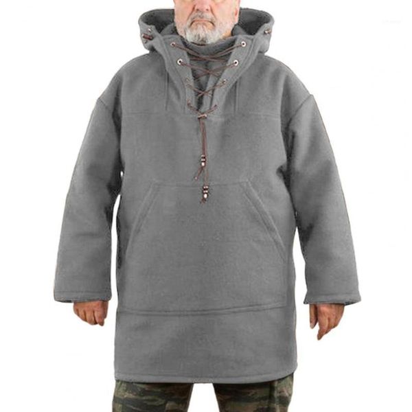 

men's hoodies & sweatshirts men sweatshirt long sleeve solid color stylish front pockets loose pullover hoodie woolen lace up casual wa, Black