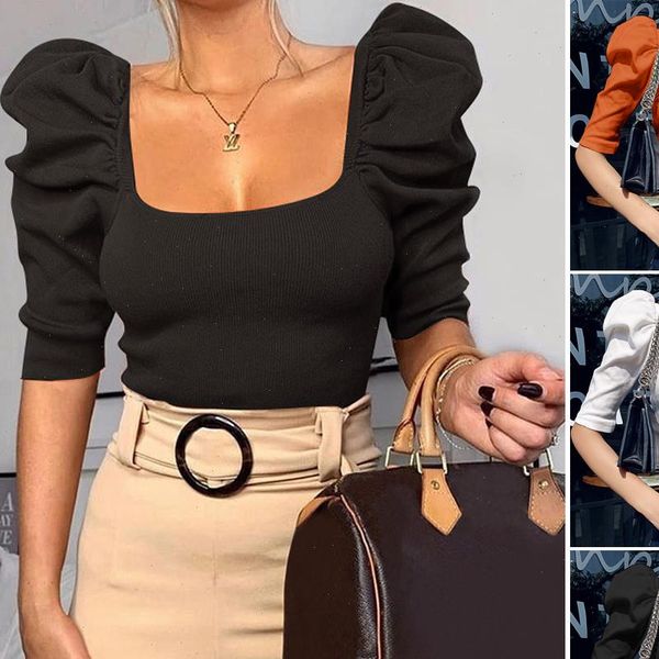 

women ladies puff sleeve solid shirts half sleeve square collar crop female casual slim plain bottoming shirts, White