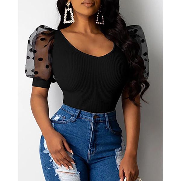 

women's t-shirt summer ladies women vintage short sleeve low cut rib polka dot puff skinny club fashion t shirts, White