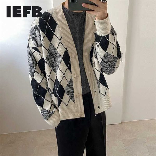 IEFB xadrez Kintted Cardigan Sweater Masculina Moda Coreana Primavera Outono Outerwear Casual V-Neck Roupas Vintage 9Y4523 211018