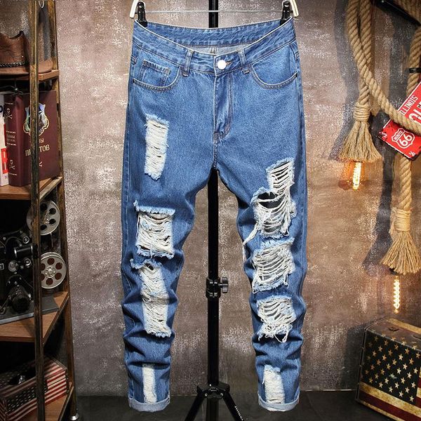 

men's jeans nice classic frayed men casual high street hip hop denim pants straight male cowboy trousers, Blue