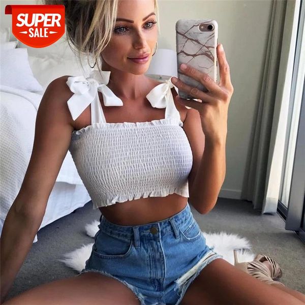 

solid tie bow chiffon camis streetwear tube women fashion ruched pleated crop bustier tees feamle tank #2p9u, White