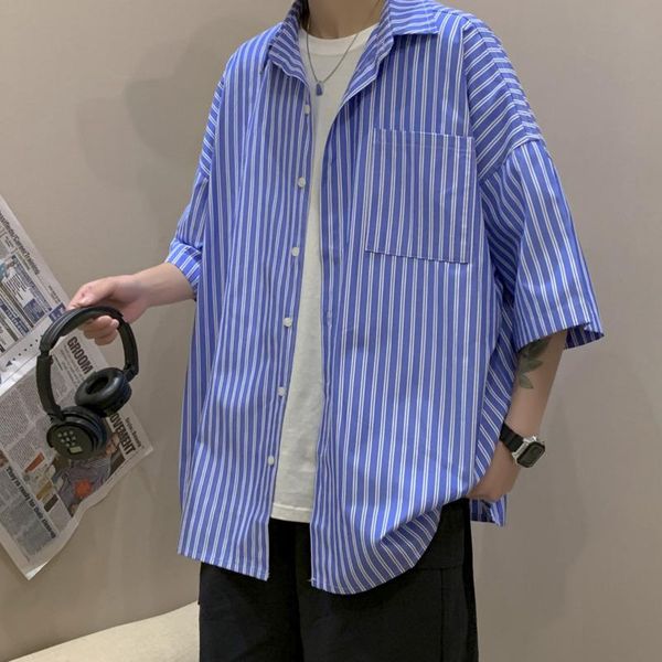 

men's casual shirts summer short-sleeved fashion men streetwear korean loose striped mens dress -3xl, White;black